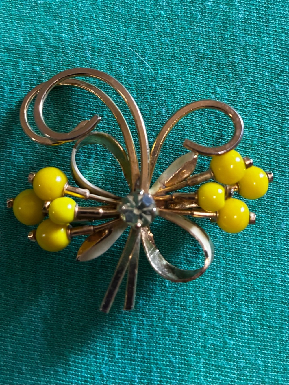 Gold-Tone Floral Bow Brooch with Yellow Bead Accents